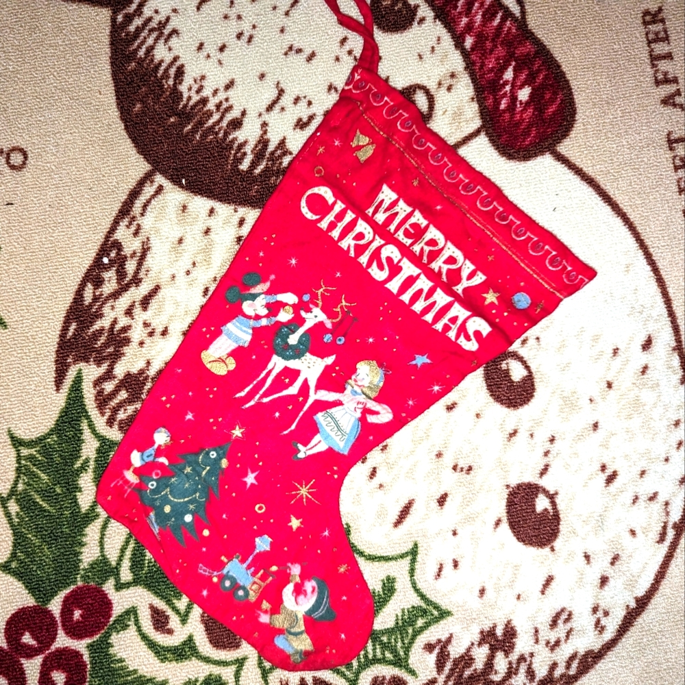 Vintage 1960s Disney Christmas stocking 15" x 10" Mickey Alice Sword Stone Goofy